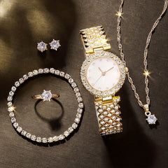 Kids Rhinestone Round Quartz Watch & 5pc Jewelry Set