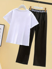 Girls Cat Graphic T Shirt & Wide Leg Pants Set Kids Spring Summer Clothes