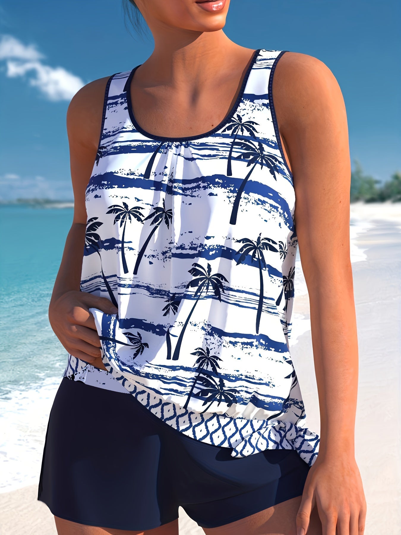 Coconut Tree Print Tankini Set - Knot Side Tank Top & Shorts S