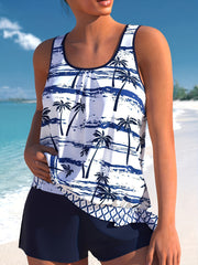 Coconut Tree Print Tankini Set - Knot Side Tank Top & Shorts S