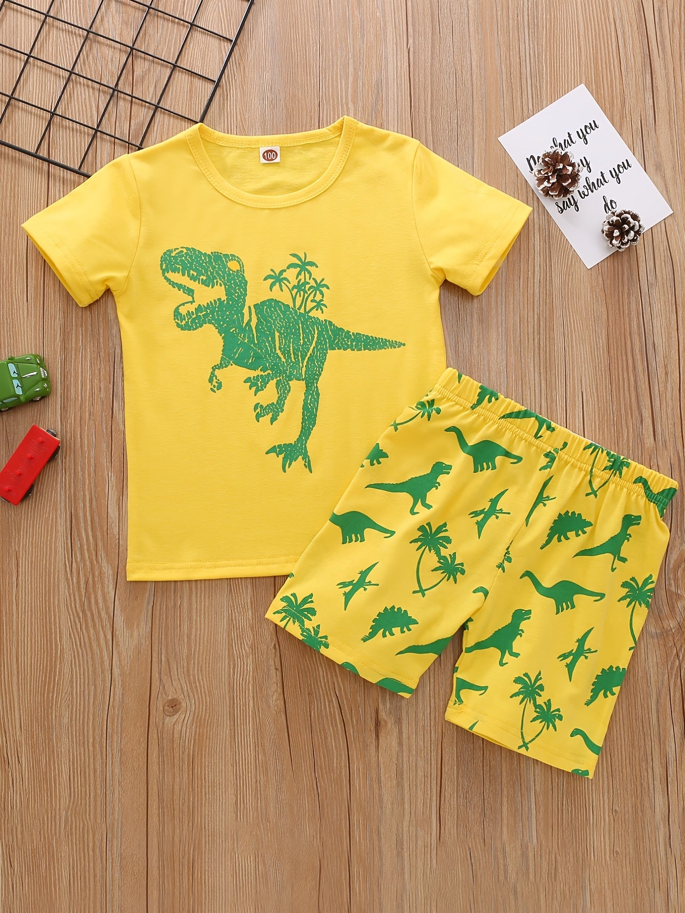 2pcs Boys Dino Print Tee & Shorts Set, Summer Kids Clothes