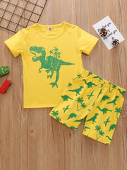 2pcs Boys Dino Print Tee & Shorts Set, Summer Kids Clothes