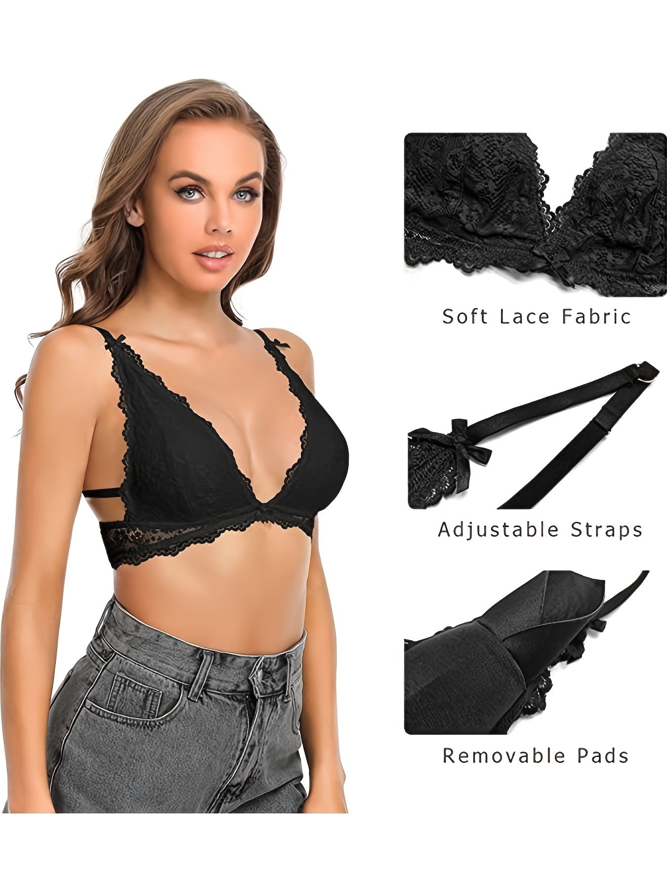 Women's Lace Triangle Bra Wireless Padded Plunge Low Back Bras with Bowknot
