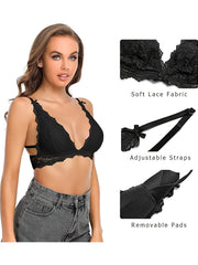Women's Lace Triangle Bra Wireless Padded Plunge Low Back Bras with Bowknot