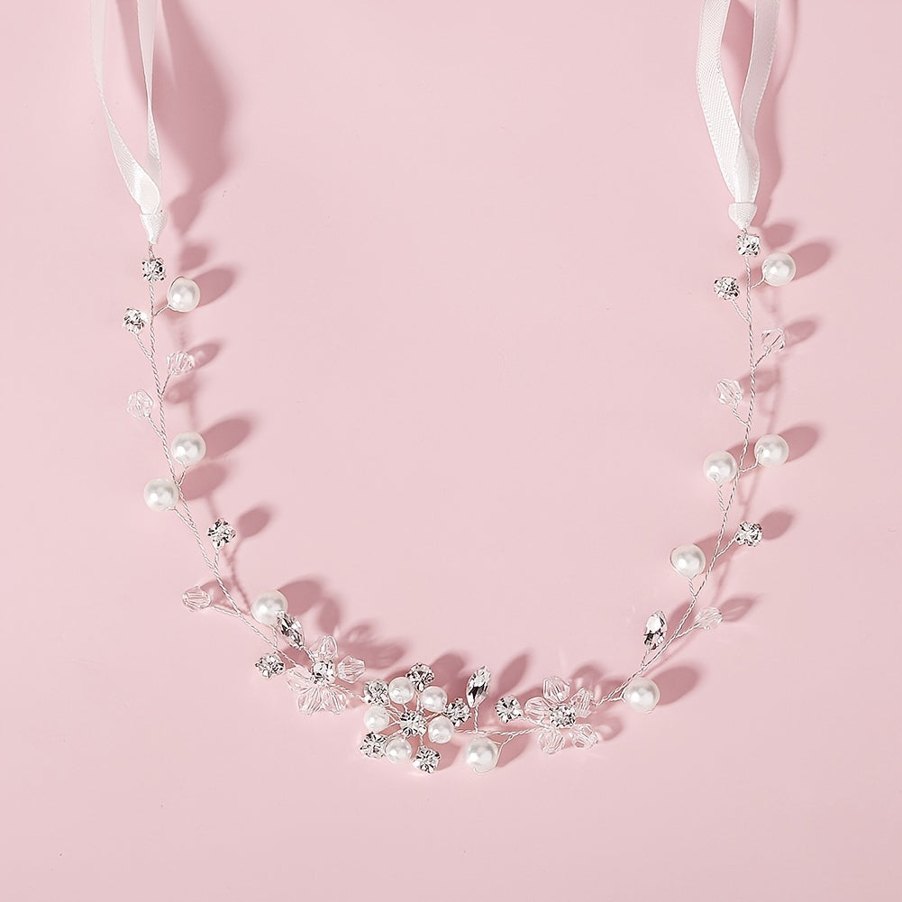 Faux Pearl Rhinestone Streamer Hairband Headband Silvery Decorations Tiara