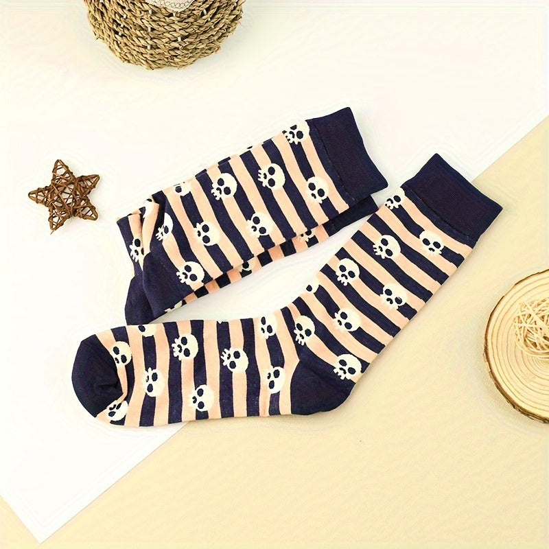 3 Pairs Skull Print Socks Halloween Mid Tube Stockings & Hosiery