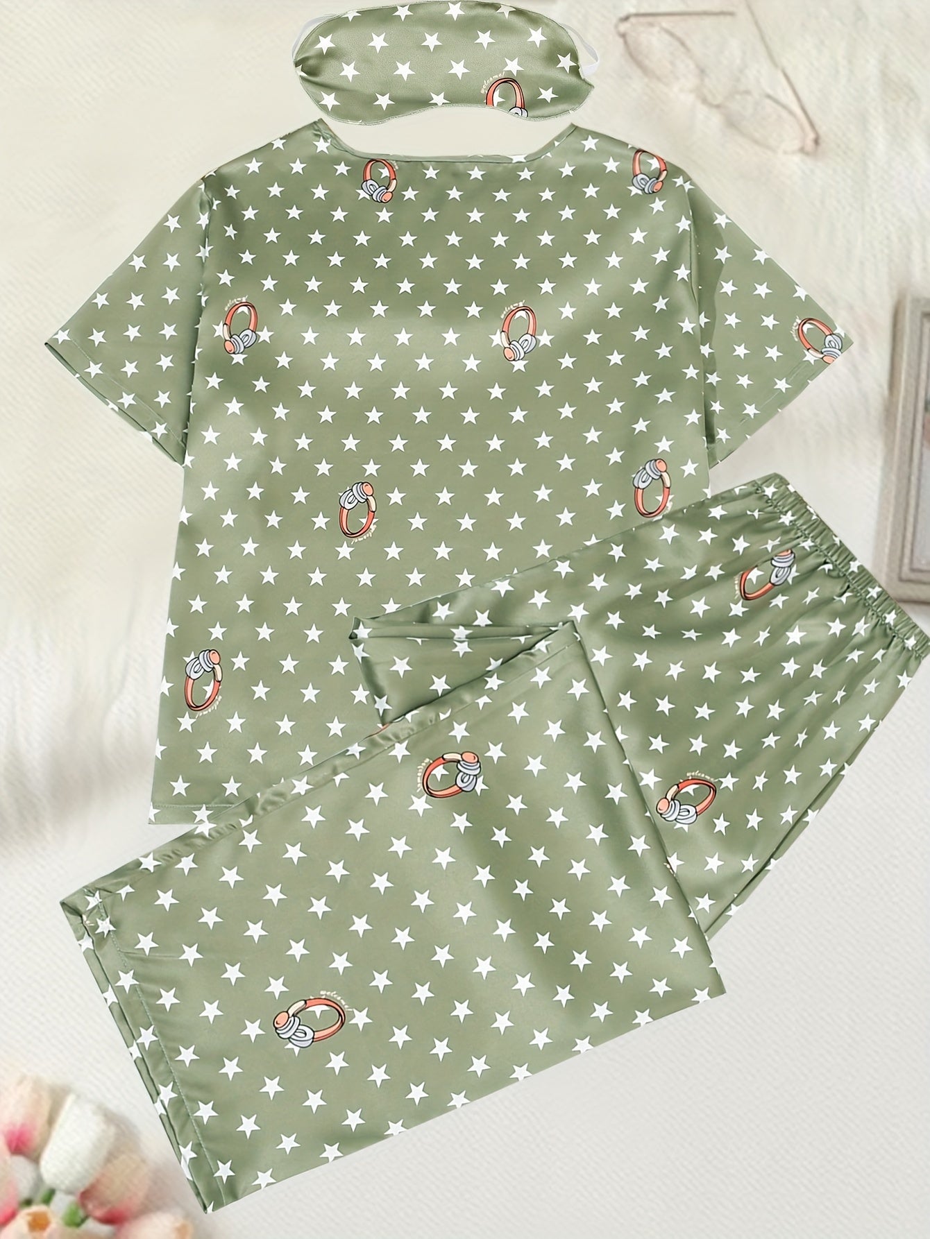 Casual Pajama Set Women's Plus Star & Ring Print Tee & Pants