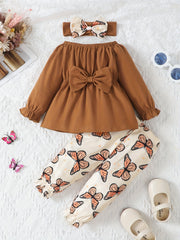 Baby Girls Bow Dress Top Set with Butterfly Print Pants