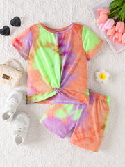 2pcs Girls Rainbow Tie Dye T Shirts & Shorts Set Kids Summer Clothes
