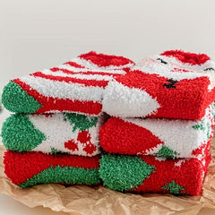 6 Pairs Christmas Fluffy Socks Winter Warm Cartoon Cozy Sleep Socks