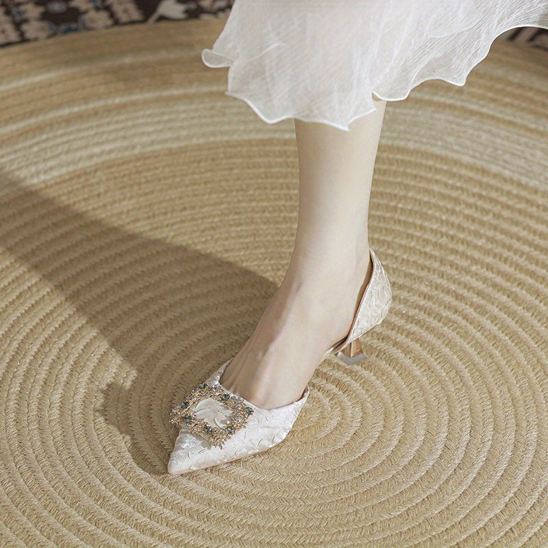 Rhinestone Square Decor Kitten Heels Point Toe Pumps