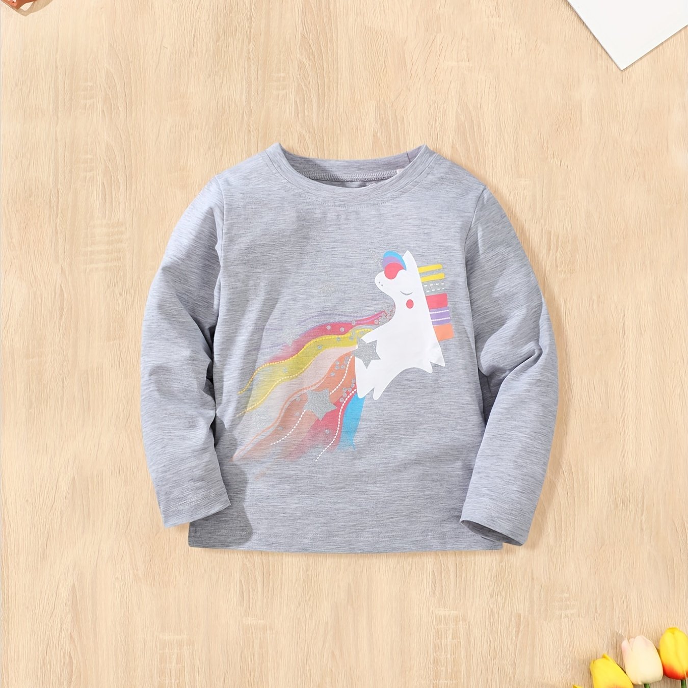 Cotton Unicorn Graphic Long Sleeve Crew Neck T shirt For Spring