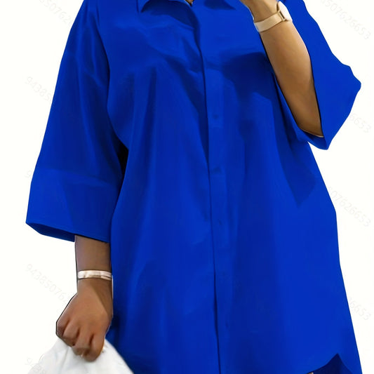 Stylish Blouse Solid Three Quarter Sleeve Button Up Shirt