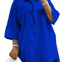 Stylish Blouse Solid Three Quarter Sleeve Button Up Shirt