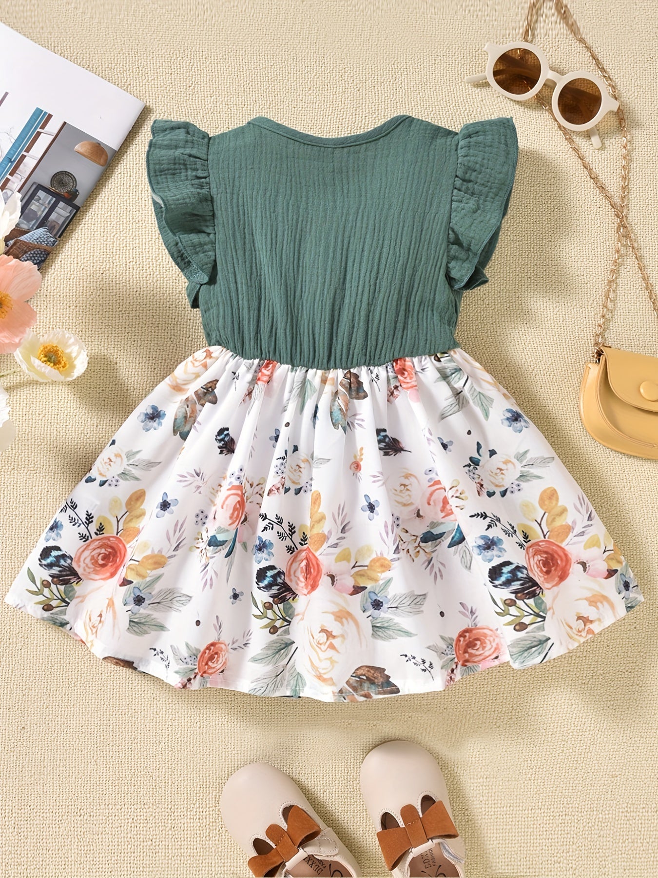 Girl's Floral Print Ruffle Button Down Tutu Dress