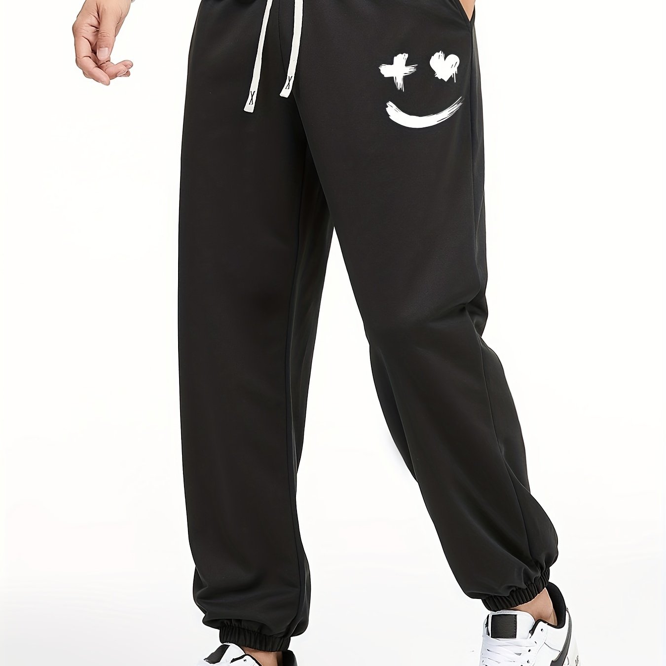 Smiling Face Print Joggers Men's Casual Loose Fit Drawstring Pants