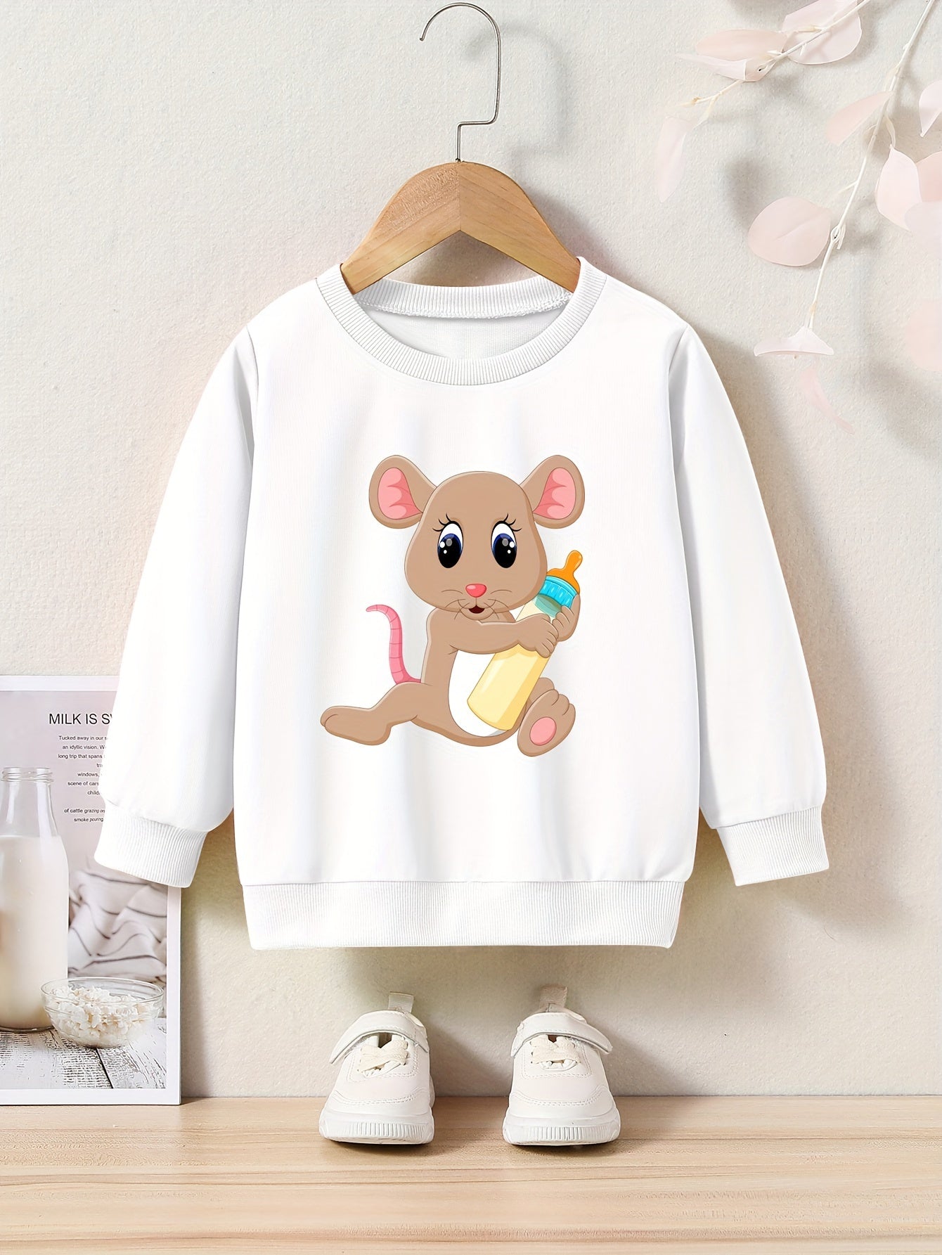 Cartoon Mouse Pattern Crew Neck Long Sleeve Sweatshirt For Girls Kids