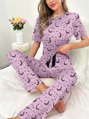 Moon Print Pajama Set Short Sleeve Top & Pants