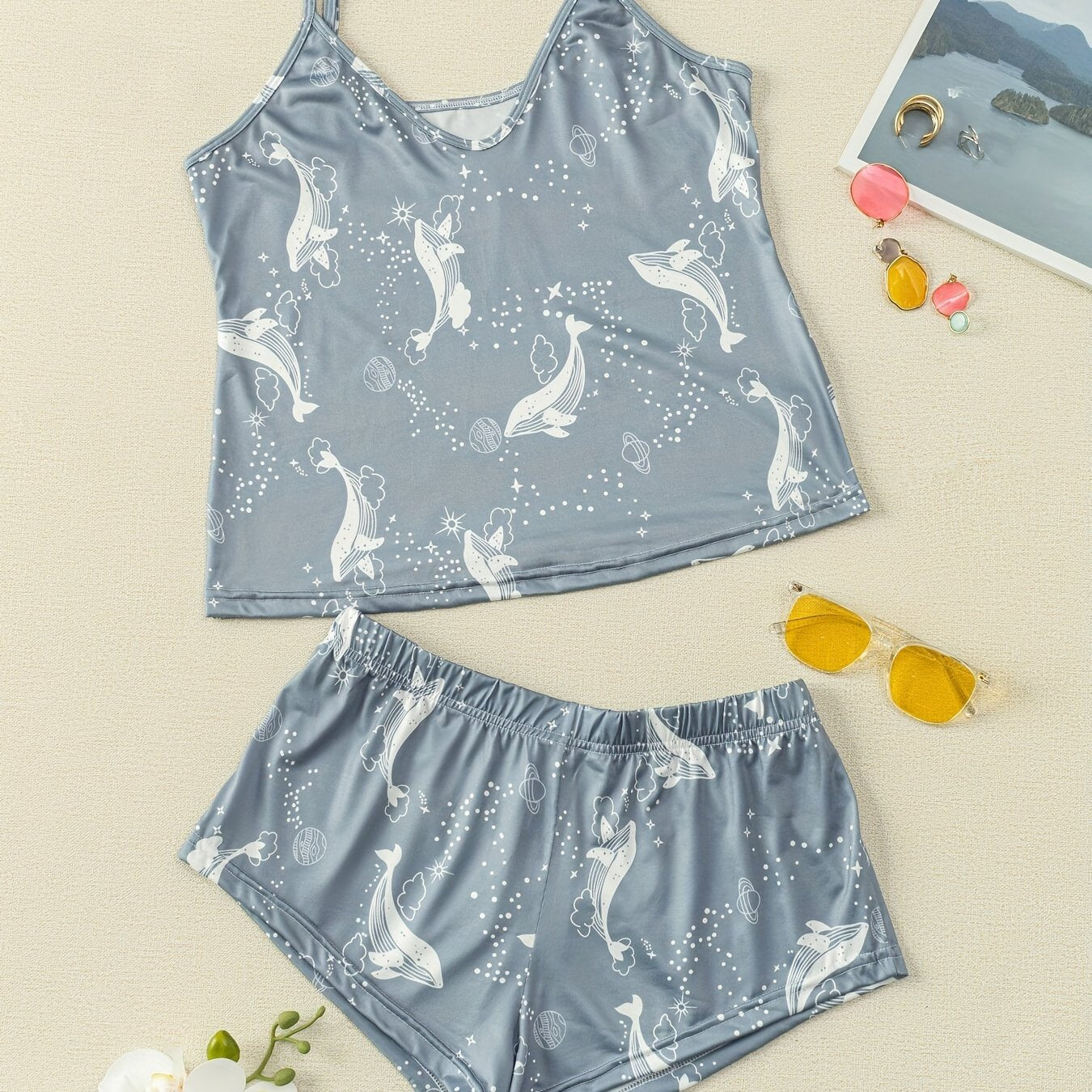 Whale Print Pajama Set Comfort Colorblock Cami Top & Shorts