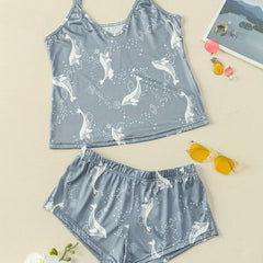 Whale Print Pajama Set Comfort Colorblock Cami Top & Shorts
