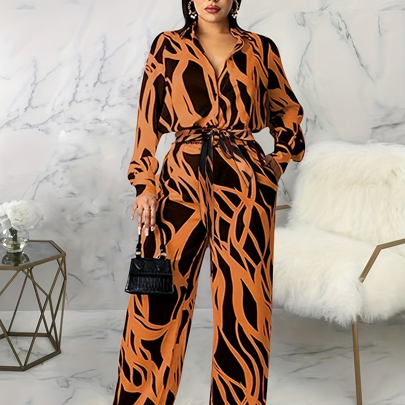 Abstract Striped Print Long Sleeve Belted Jumpsuit Plus Size