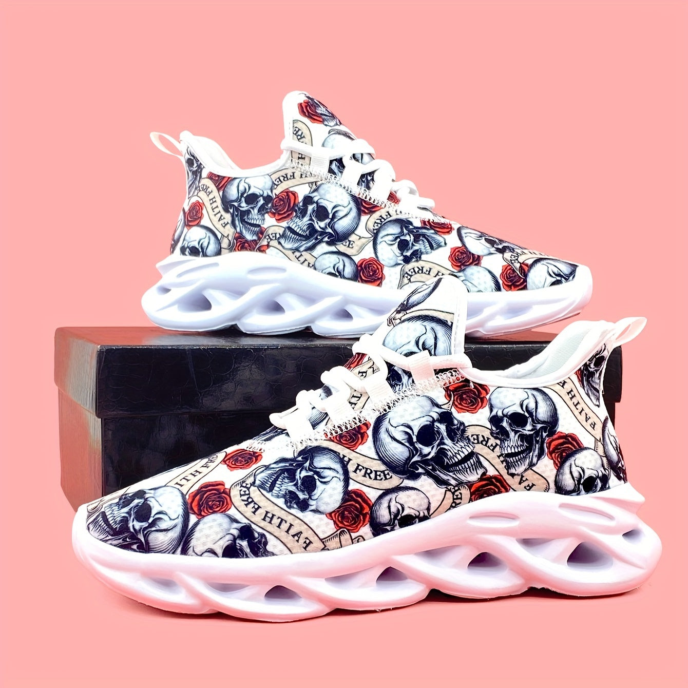 Skull & Rose Pattern Outdoor Sneakers Lightweight Sport Shoes