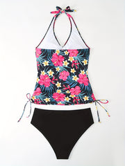 Boho Tankini Set Tropical Print Lace Up Halter Top & Panty Swimsuit