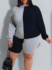 Colorblock Long Sleeve Tee & Skinny Shorts Set Plus Size