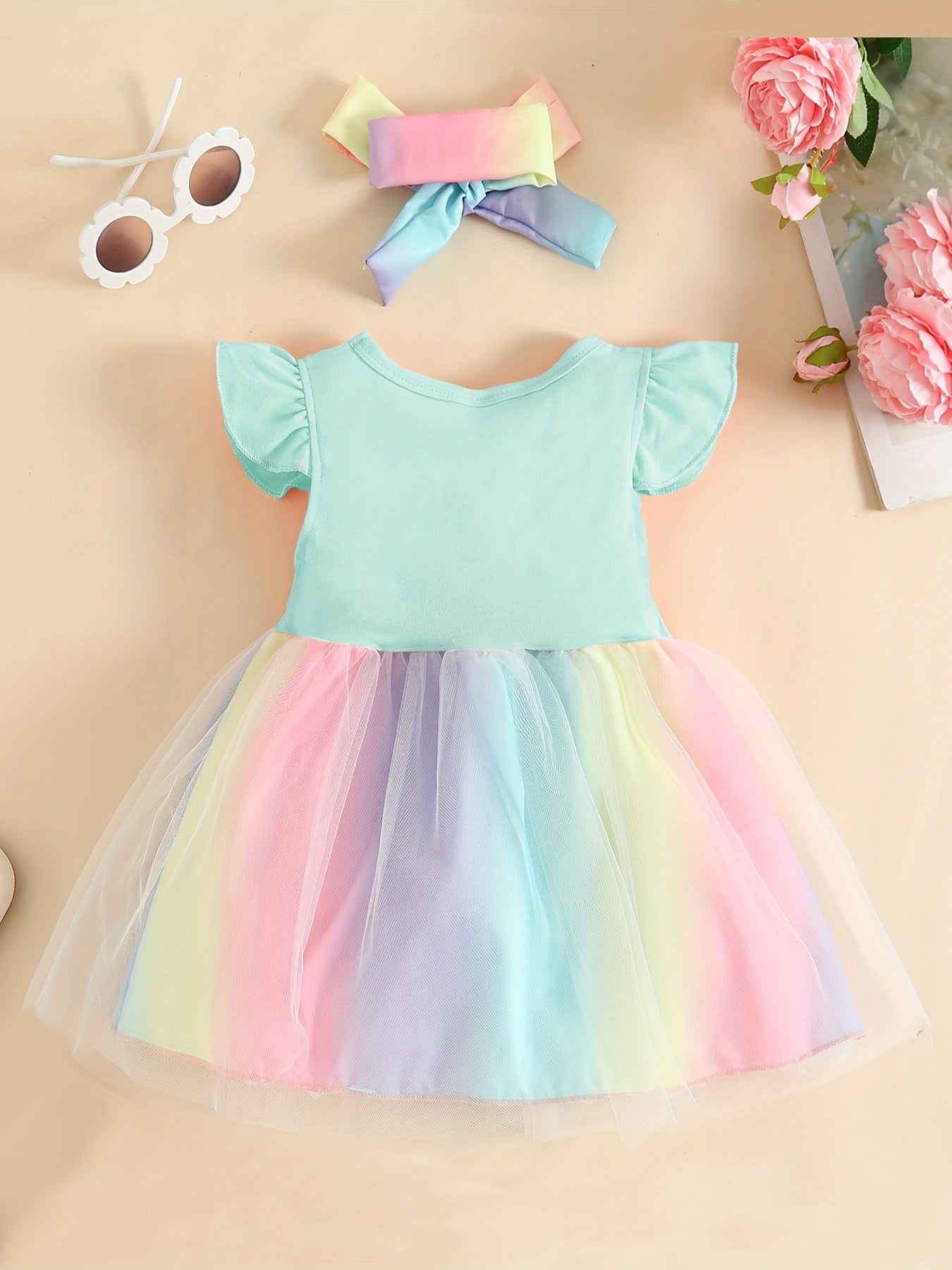 2pcs Baby Girls Rainbow Mesh Dress & Headband Set