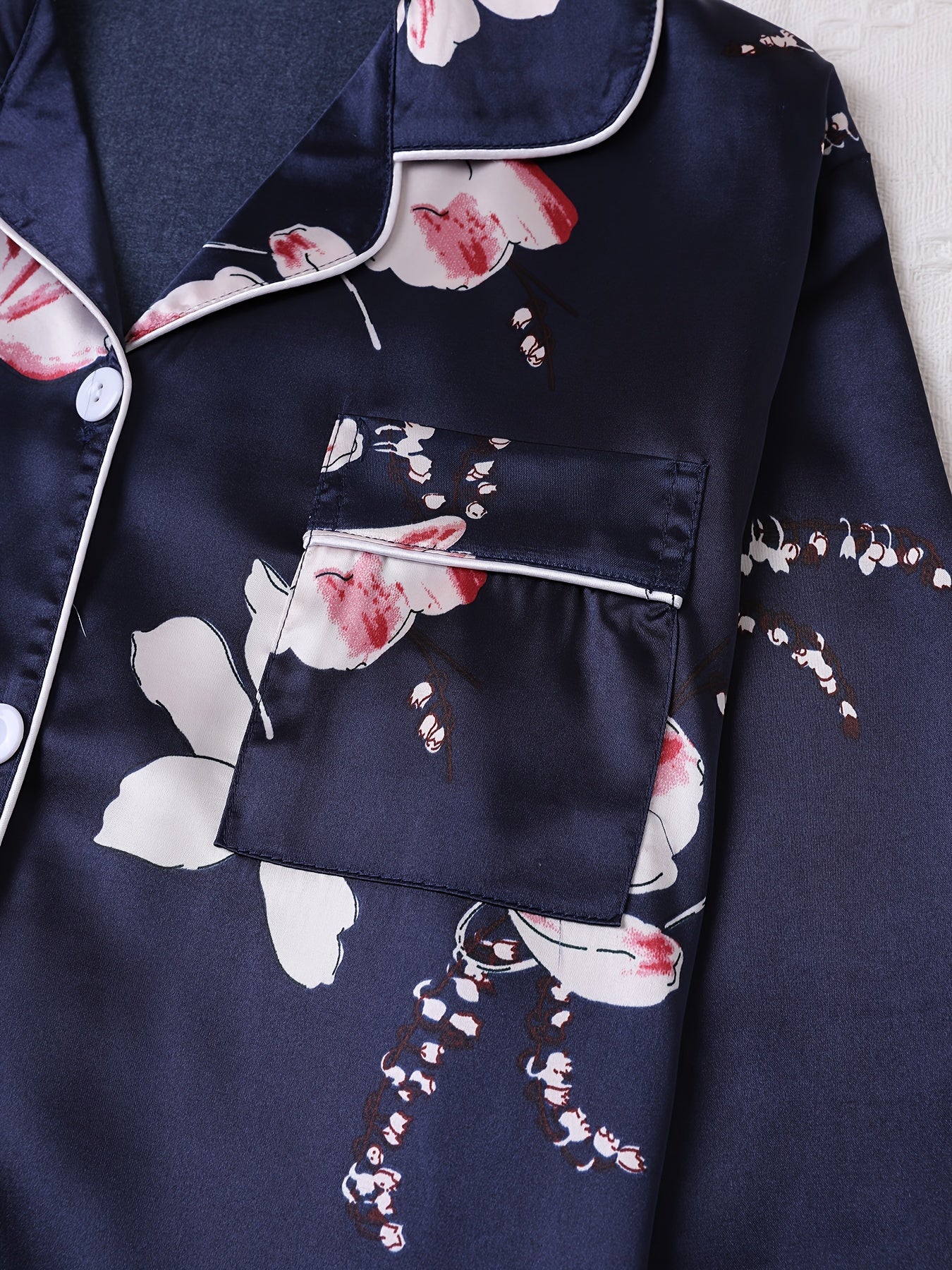 Floral Print Pajama Set Long Sleeve Lapel Buttons Top & Elastic Waistband Pants