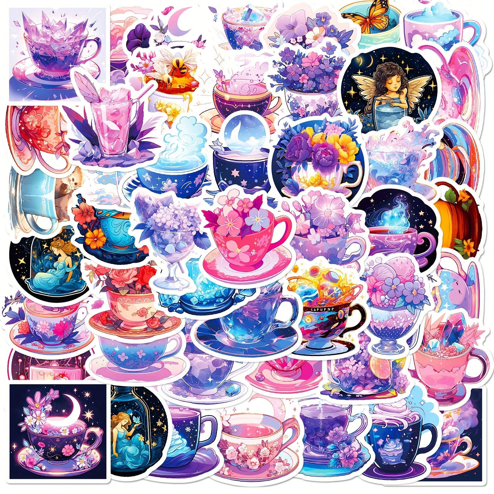 50pcs Tea Cup Stickers Waterproof DIY Bottles Laptops Phones Decal