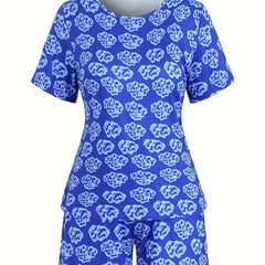 Casual Pajamas Set Women's Allover Print Tee & Shorts