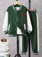 Boy's Preppy Style Baseball Jacket & Sweatpants Set