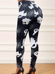 Halloween Leggings Women's Plus Ghost & Spider Web Print Leggings
