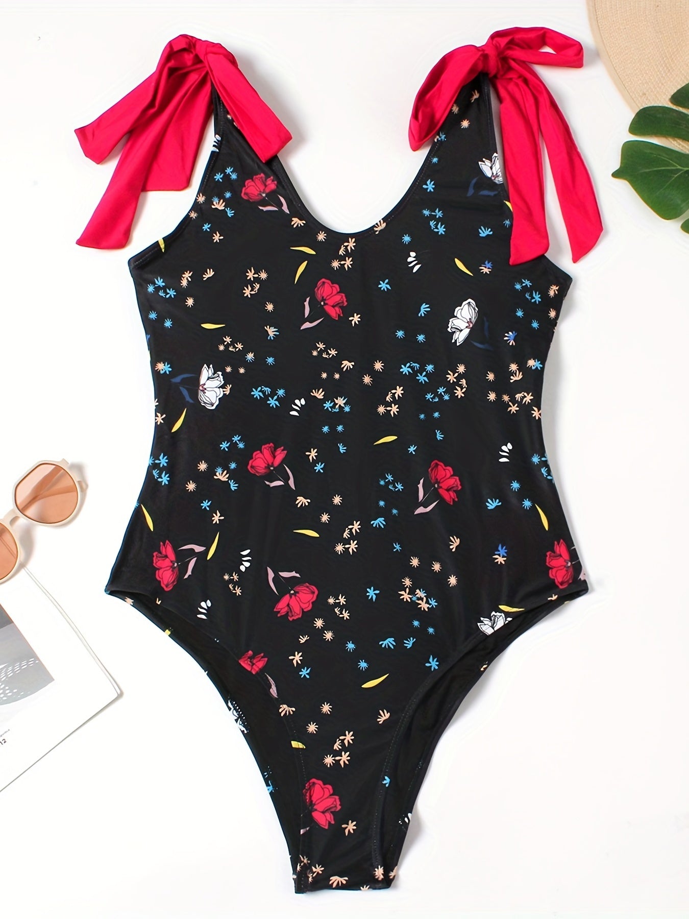 Floral Print Tie Shoulder V Neck One Piece Swimsuit