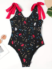 Floral Print Tie Shoulder V Neck One Piece Swimsuit