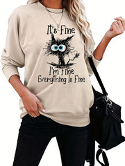Cartoon Cat Sweatshirt Casual Crew Neck Women's Clothing