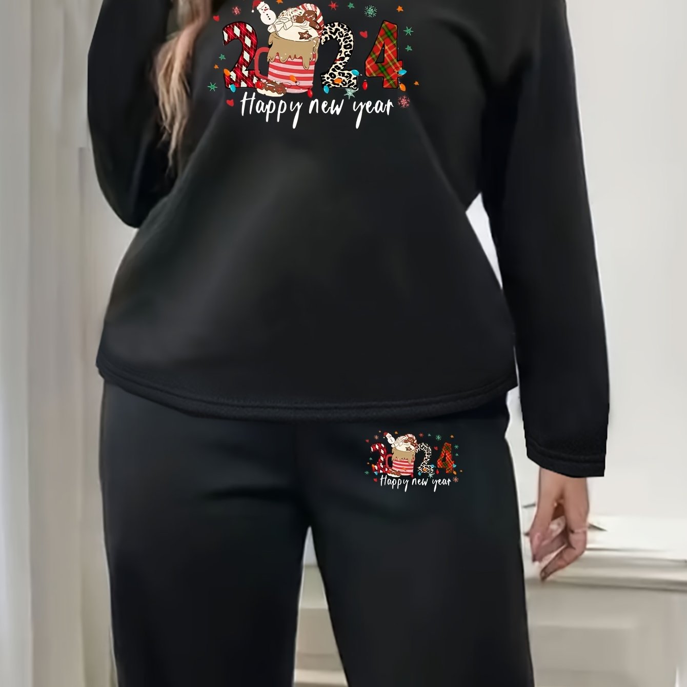 Coffee Print Lounge Set Fleece Top & Joggers Pajamas 2 Piece Set