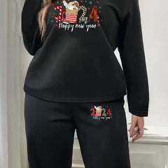 Coffee Print Lounge Set Fleece Top & Joggers Pajamas 2 Piece Set