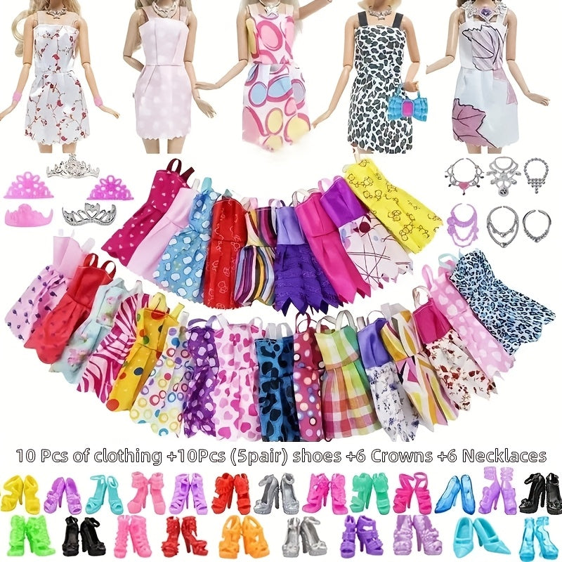 32pcs Doll Dress Up Set for Girls - Assorted Styles with Outfits, Shoes, Crowns