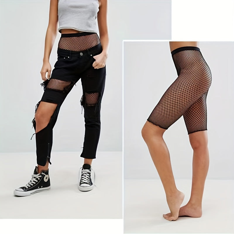 Solid High Rise Stretchy Fishnet Biker Stockings