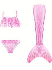 Girl's Mermaid Swimsuit 3pcs Bikini Set & Mermaid Tail Glitter Fish Scale Print