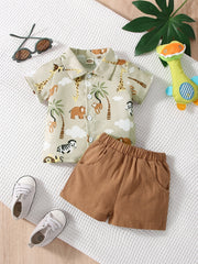 2pc Boys Animal Print Shirt & Shorts Set for Summer