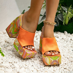 Boho Style Chunky Heel Sandals Cartoon Print Slingback High Heels