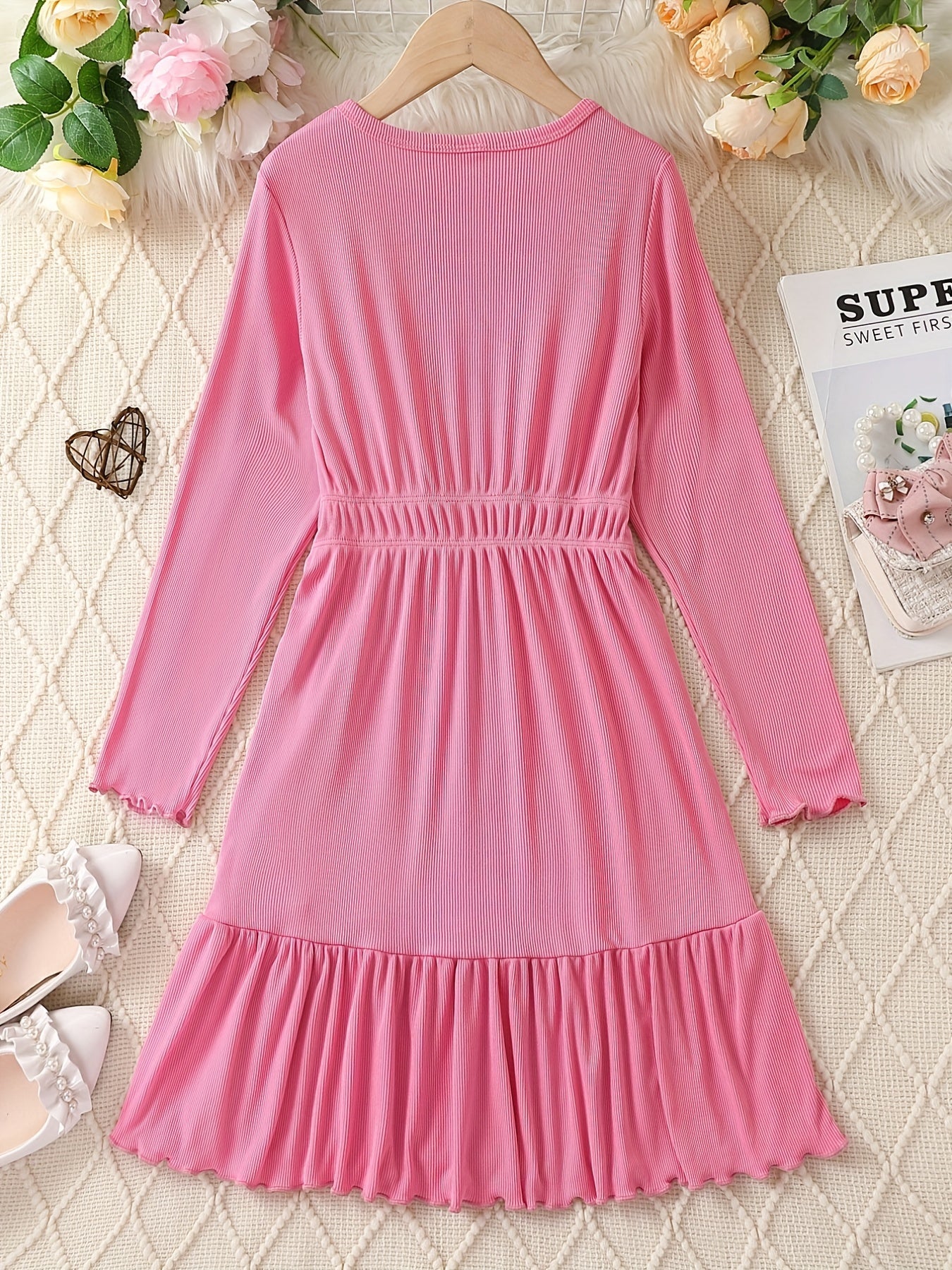 Kid Girls Stretch Rib Knit Long Sleeve Tunic Dress for Party Daily Casual Dress