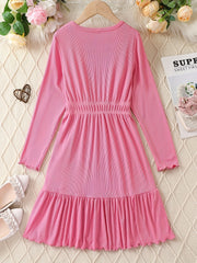 Kid Girls Stretch Rib Knit Long Sleeve Tunic Dress for Party Daily Casual Dress