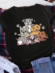 Dog Print Lounge Top Short Sleeve Crew Neck Women's Sleepwear