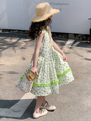 Girls Floral One piece Dress Sleeveless Crew Neck Princess Dress