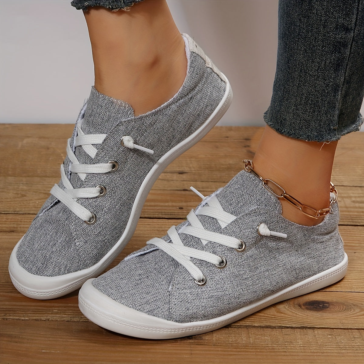 Women's Grey Flat Canvas Shoes Low Top Lace Up Sneakers