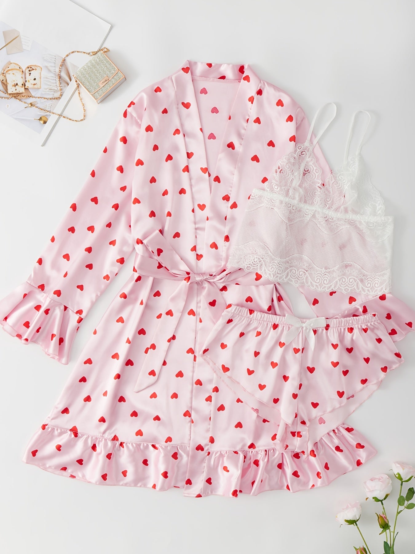 4 Pcs Heart Print Nightgown Pajamas Ruffled Long Sleeve Set